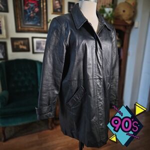 Jacqueline Ferrar Leather‎ Jacket Vintage 90s Black Long Coat Petite Large PL